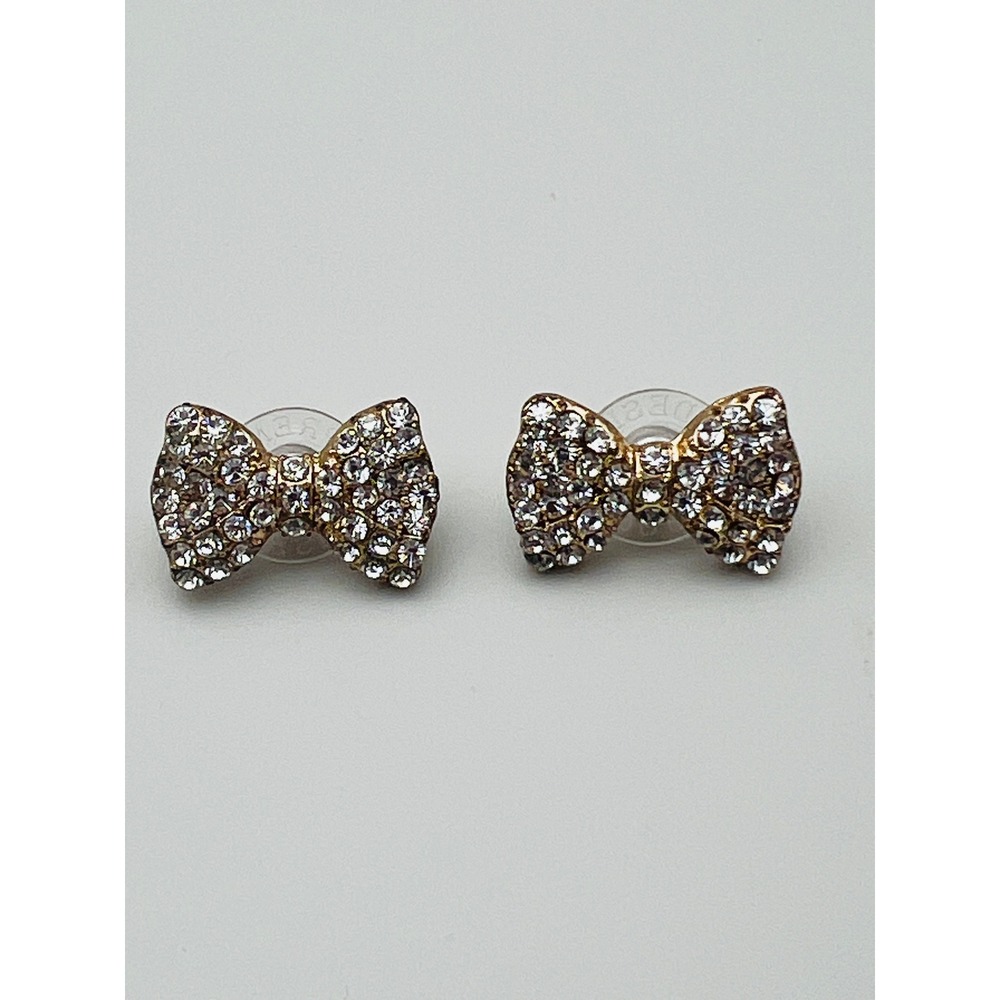 Bow Stud Pierced Earrings Clear Crystal Rhinestone Pave Gold Tone Feminine